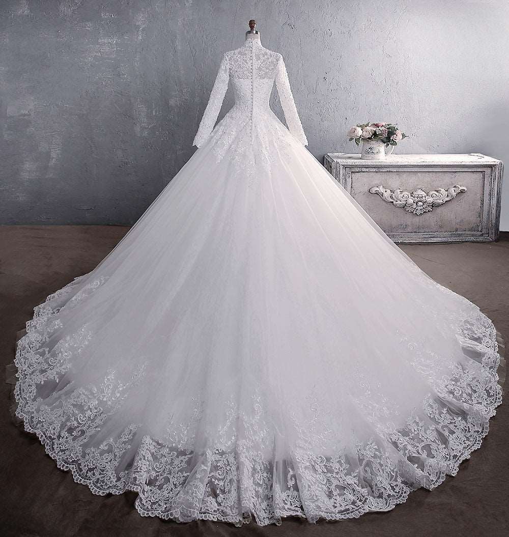"white wedding dress with stand-up collar and long-sleeves"