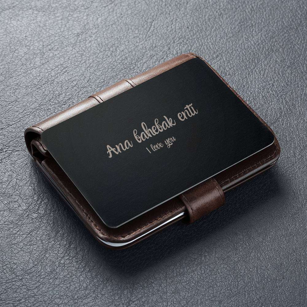 This beautiful I Love You wallet card for her features a heartfelt message in Arabic, "Ana bahebak enti," allowing your loved one to carry a reminder of your love wherever they go. Made from durable material and with an elegant brushed black finish, this card is both sophisticated and durable. Surprise your loved one today with this lasting reminder of your affection.