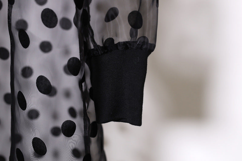 Chiffon polka dot kimono - Hallafa Take your simple dress to the next level with this playful black chiffon polka dot kimono/open abaya! Let your style shine in this head-turning ensemble. · Material: polyester Note: 1.As you know, the different computers display colors differently, the color of the actual item may vary slightly from the following images. #