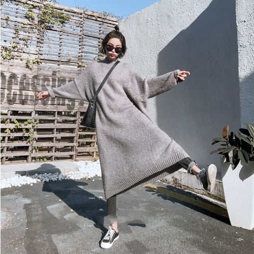 Long sweater dress with stand-up collar - Hallafa This comfy long sweater dress comes in one size and features a stylish stand-up collar. · Color: gray · Main fabric composition: acrylic #