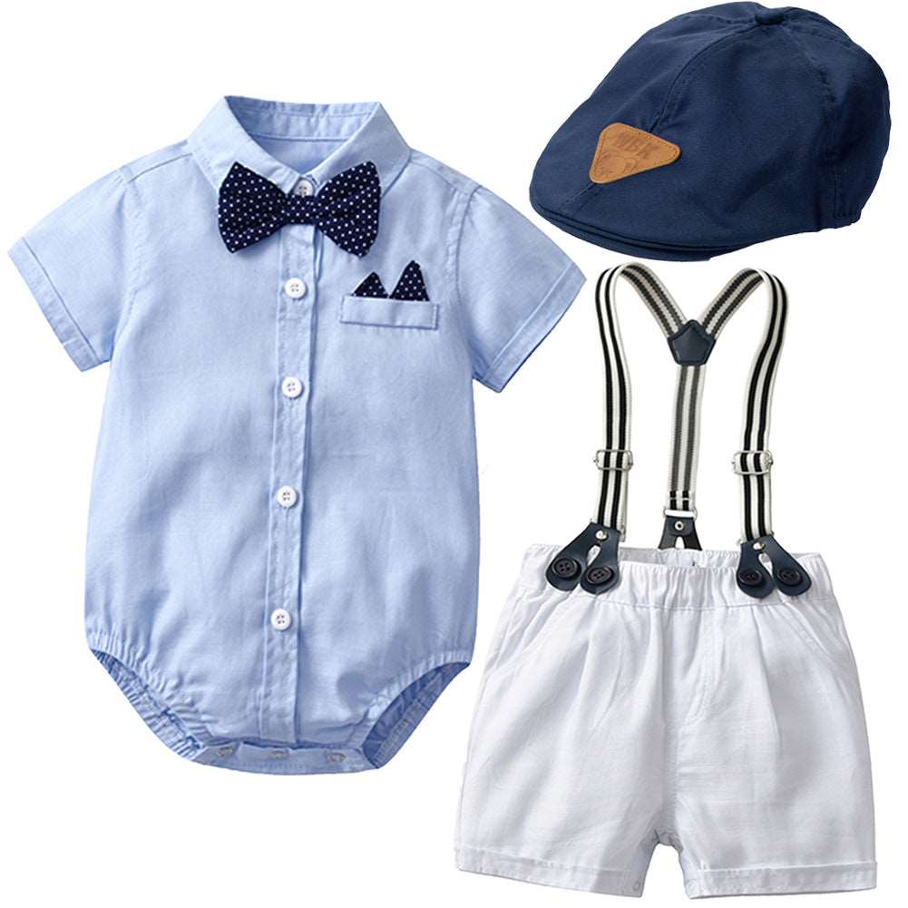 Baby Boy S24 Gentleman 3-piece set - Hallafa Make your newborn little one summer-ready with this Baby Boy S24 Gentleman Set! It includes a t-shirt, shorts, and a cap. Material: Cotton Color: light blue Note: 1. Please allow 2-3cm differences due to manual measurement. 2.As you know, the different computers display colors differently, the color of the actual item may vary slightly from the following images. #