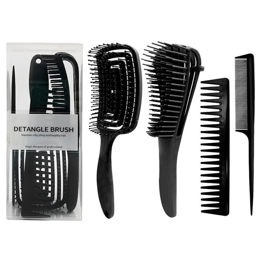 Hair styling brush set - Hallafa Hair brush multifunctional comb set. Hair brush set includes all four essential styling tools: The vented brush- Allows quick even drying and painless detangling Pintail comb- Makes parting, sectioning and smoothing the hair super quick and easy Wide Tooth Comb- Perfect for detangling and smoothing curls whilst keeping them intact Material: plastic Color: pink, green, purple, black Size: Above 20cm Product size: 24X8X5CM #