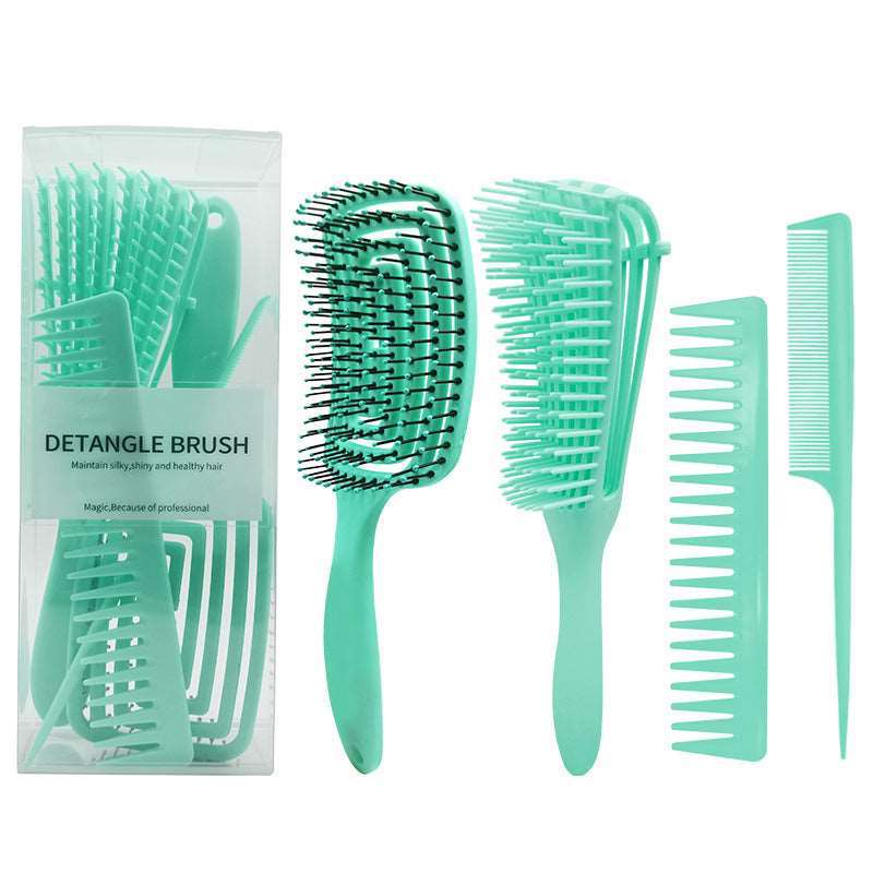 Hair styling brush set - Hallafa Hair brush multifunctional comb set. Hair brush set includes all four essential styling tools: The vented brush- Allows quick even drying and painless detangling Pintail comb- Makes parting, sectioning and smoothing the hair super quick and easy Wide Tooth Comb- Perfect for detangling and smoothing curls whilst keeping them intact Material: plastic Color: pink, green, purple, black Size: Above 20cm Product size: 24X8X5CM #