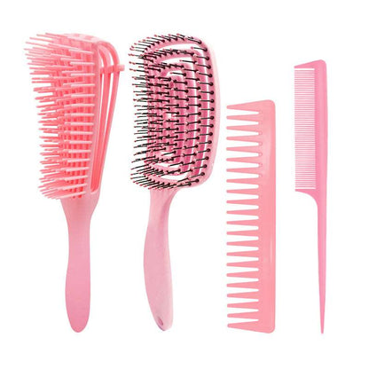 Hair styling brush set - Hallafa Hair brush multifunctional comb set. Hair brush set includes all four essential styling tools: The vented brush- Allows quick even drying and painless detangling Pintail comb- Makes parting, sectioning and smoothing the hair super quick and easy Wide Tooth Comb- Perfect for detangling and smoothing curls whilst keeping them intact Material: plastic Color: pink, green, purple, black Size: Above 20cm Product size: 24X8X5CM #