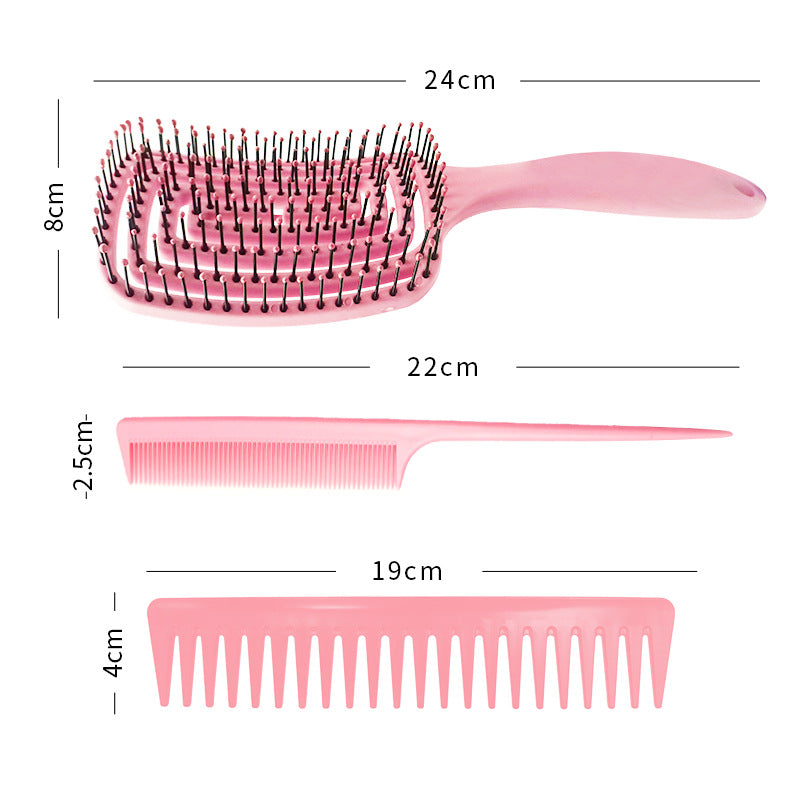 Hair styling brush set - Hallafa Hair brush multifunctional comb set. Hair brush set includes all four essential styling tools: The vented brush- Allows quick even drying and painless detangling Pintail comb- Makes parting, sectioning and smoothing the hair super quick and easy Wide Tooth Comb- Perfect for detangling and smoothing curls whilst keeping them intact Material: plastic Color: pink, green, purple, black Size: Above 20cm Product size: 24X8X5CM #