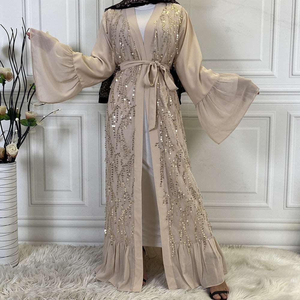 Chiffon open Abaya/ Kimono with tulip sleeves - Hallafa This lovely open Abaya/Kimono is made from chiffon and features sparkling sequined and fluttery tulip sleeves. · Fabric name: chiffon · Main fabric composition: polyester · Color: apricot #