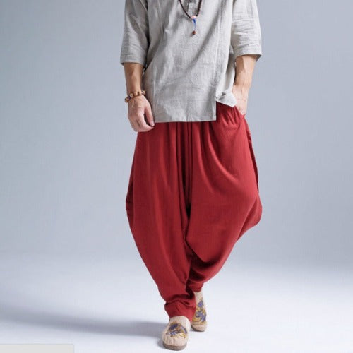 "Mens red loose fit linen trousers."