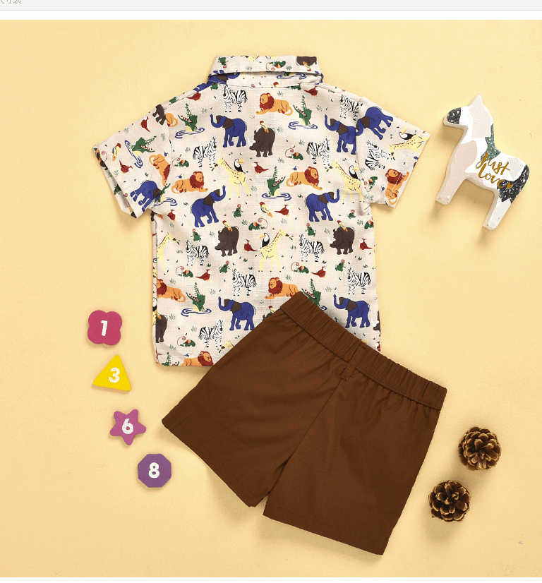 Boy´s cartoon printed outfit 3-piece set - Hallafa He'll feel dapper in this fashionable set featuring a cartoon print top, shorts and bow. Perfect for day-to-day wear, special occasions, and photoshoots, this stylish ensemble is made with high-quality materials for a super soft and safe feel. A great baby shower gift, too! · Material: Cotton Blend Please allow slight 1-3cm difference due to manual measurement and a little color variation for different display setting. #