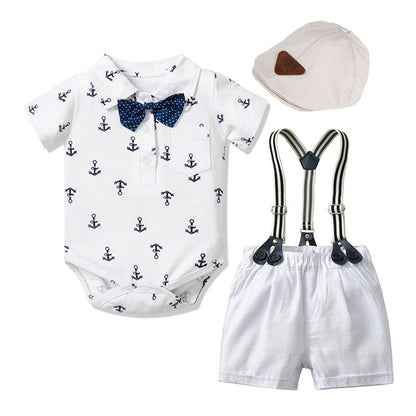 Baby Boy S1 Gentleman 3-piece set - Hallafa Rock your little one's look with this Baby Boy Gentleman Set! Featuring a printed anchor T-shirt, basic shorts, and a cap, it'll have them both looking and feeling dashing. · Material: Cotton Size Information: Note: As you know, the different computers display colors differently, the color of the actual item may vary slightly from the following images. #