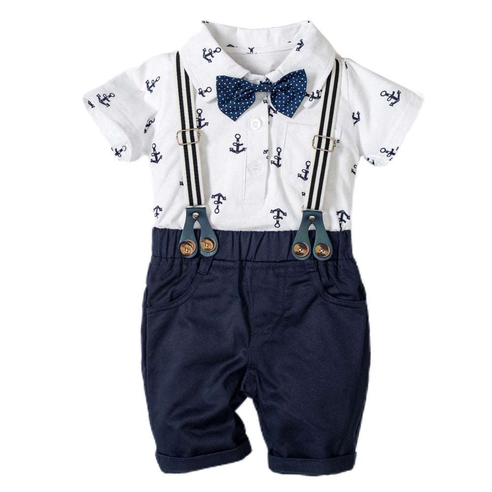 Baby Boy S1 Gentleman 3-piece set - Hallafa Rock your little one's look with this Baby Boy Gentleman Set! Featuring a printed anchor T-shirt, basic shorts, and a cap, it'll have them both looking and feeling dashing. · Material: Cotton Size Information: Note: As you know, the different computers display colors differently, the color of the actual item may vary slightly from the following images. #