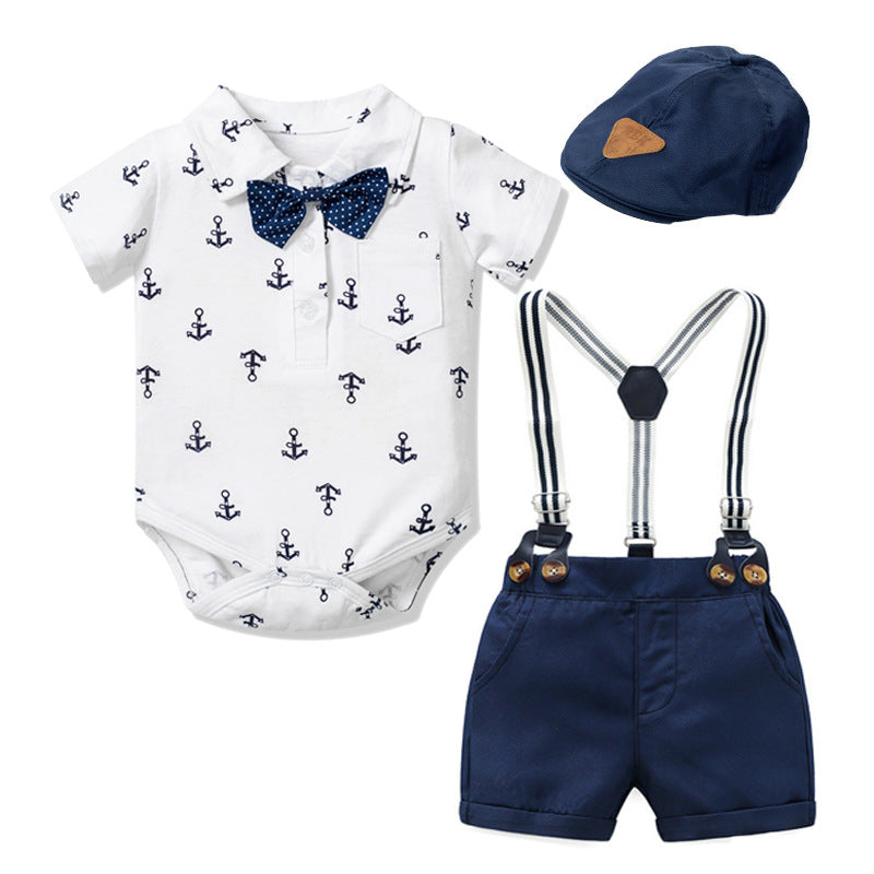 Baby Boy S1 Gentleman 3-piece set - Hallafa Rock your little one's look with this Baby Boy Gentleman Set! Featuring a printed anchor T-shirt, basic shorts, and a cap, it'll have them both looking and feeling dashing. · Material: Cotton Size Information: Note: As you know, the different computers display colors differently, the color of the actual item may vary slightly from the following images. #