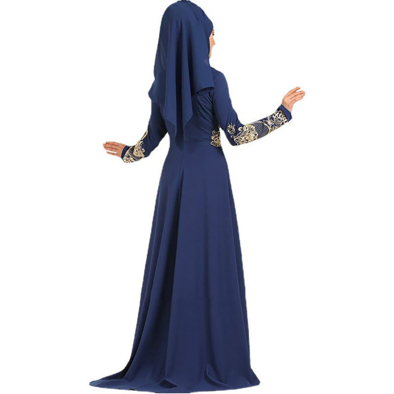 "dark blue Embroidered long sleeve evening dress, modern muslim lade."