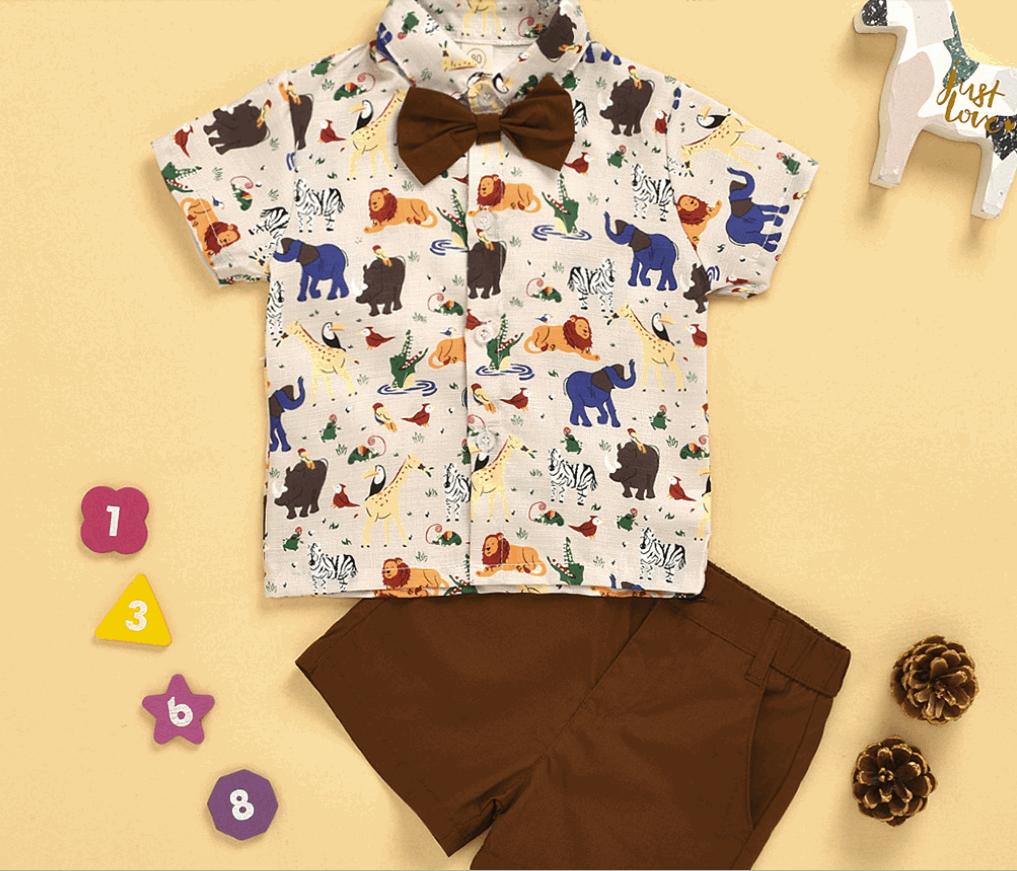 Boy´s cartoon printed outfit 3-piece set - Hallafa He'll feel dapper in this fashionable set featuring a cartoon print top, shorts and bow. Perfect for day-to-day wear, special occasions, and photoshoots, this stylish ensemble is made with high-quality materials for a super soft and safe feel. A great baby shower gift, too! · Material: Cotton Blend Please allow slight 1-3cm difference due to manual measurement and a little color variation for different display setting. #