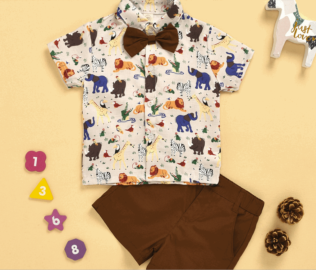 Boy´s cartoon printed outfit 3-piece set - Hallafa He'll feel dapper in this fashionable set featuring a cartoon print top, shorts and bow. Perfect for day-to-day wear, special occasions, and photoshoots, this stylish ensemble is made with high-quality materials for a super soft and safe feel. A great baby shower gift, too! · Material: Cotton Blend Please allow slight 1-3cm difference due to manual measurement and a little color variation for different display setting. #