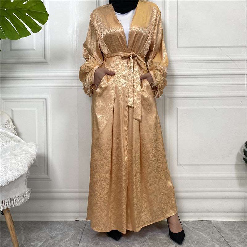 "Gold satin open Abaya/Kimono with puff sleeves."