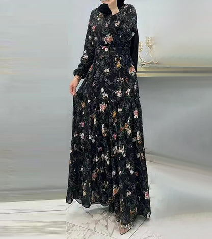 ALEENA FLOWER MAXI DRESS - Hallafa This elegant, long sleeve maxi dress is perfect for adding a touch of style to any occasion. The stunning floral design and belt make it a must-have for staying fashionable. Whether you're at work, a special event, or simply enjoying everyday life, stay comfortable and chic with this modest maxi dress all season long. · Material: Polyester #