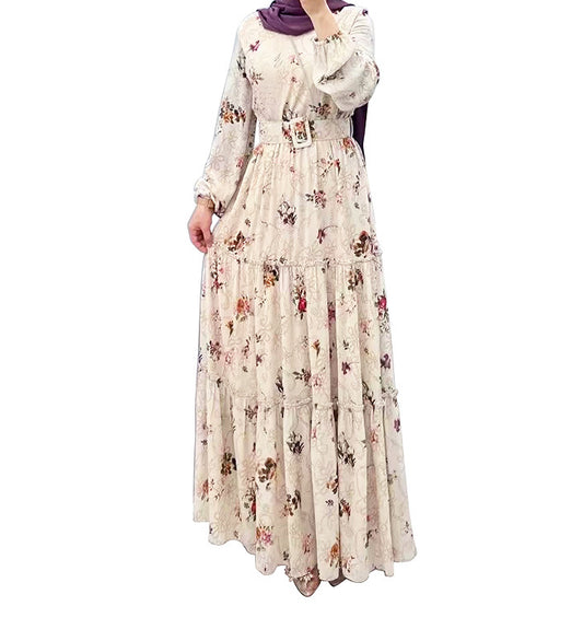 ALEENA FLOWER MAXI DRESS - Hallafa This elegant, long sleeve maxi dress is perfect for adding a touch of style to any occasion. The stunning floral design and belt make it a must-have for staying fashionable. Whether you're at work, a special event, or simply enjoying everyday life, stay comfortable and chic with this modest maxi dress all season long. · Material: Polyester #