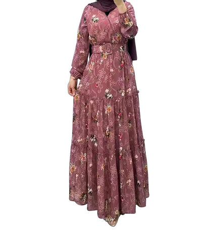 ALEENA FLOWER MAXI DRESS - Hallafa This elegant, long sleeve maxi dress is perfect for adding a touch of style to any occasion. The stunning floral design and belt make it a must-have for staying fashionable. Whether you're at work, a special event, or simply enjoying everyday life, stay comfortable and chic with this modest maxi dress all season long. · Material: Polyester #