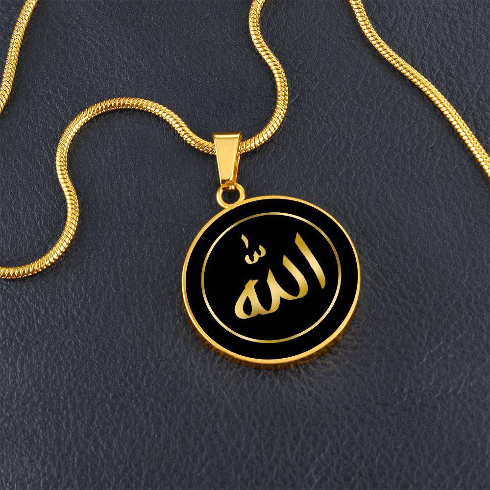 ALLAH CIRCLE NECKLACE gold hallafa. A unique hand-crafted Islamic gift, the Allah Circle Necklace is made of high-quality surgical steel and comes in both silver and 18k gold finishes. 
This stunning piece of jewelry makes a heartfelt and meaningful gift for yourself or a loved one, symbolizing love, connection, and gratitude. It's more than just a beautiful accessory - it tells a story and making it the perfect Islamic gift for anyone special in your life.