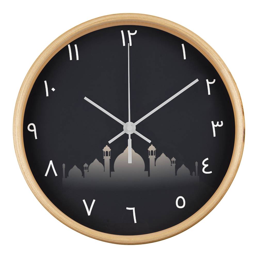 Hallafa. Enhance your home decor with the Arabic Wall Clock. Featuring a 10" wooden frame and elegant Arabic numbers on a mosque background, this clock adds a touch of traditional charm to any room. Perfect for gifting or updating your own space, its sophisticated design is sure to impress.
