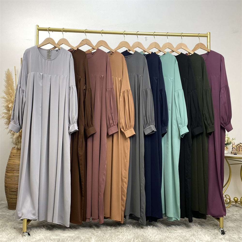 Abaya dress with pleats - Hallafa Liven your look with this basic round neck pleated abaya dress – the ideal pick for everyday wear! Button-up buff sleeves give it an extra stylish touch, and with a range of colors to choose from, you can pick your fave. · Material: Polyester Size guide: Note: 1. As you know, the different computers display colors differently, the color of the actual item may vary slightly from the following images. #