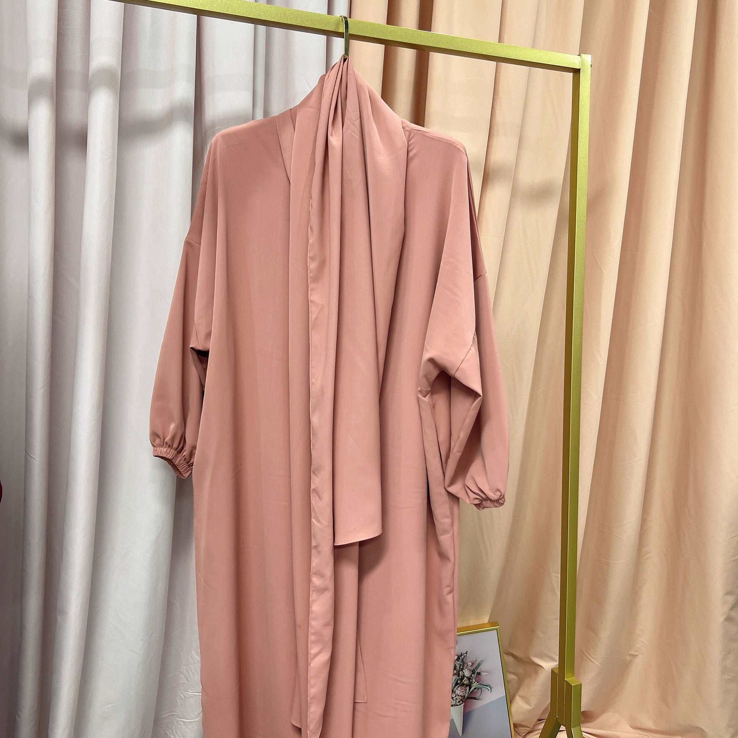 Pink Abaya with attached hijab scarf