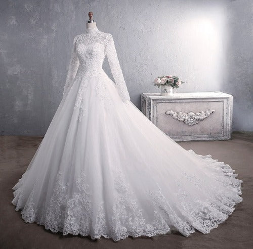"Wedding Dress with Stand-up Collar and Long-sleeves."