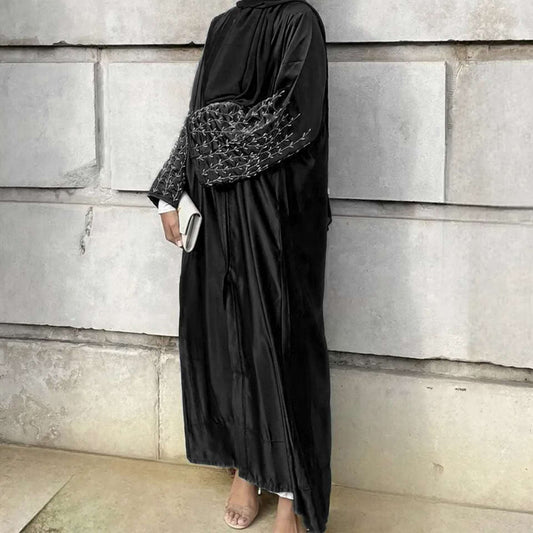 "Black beaded open abaya kimono."