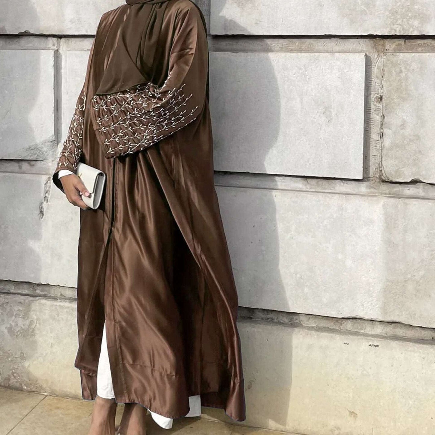 "Brown beaded open abaya/ kimono."