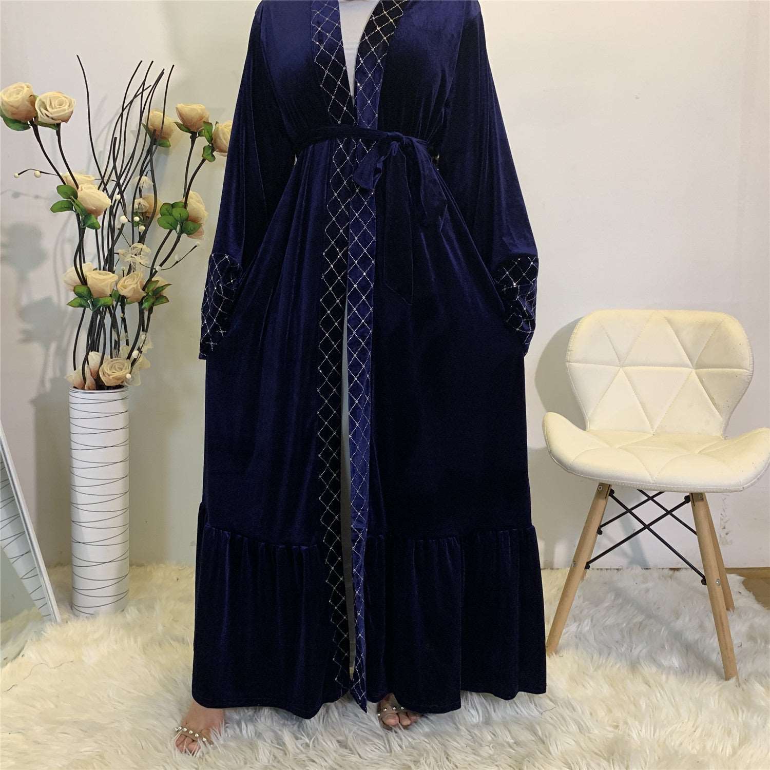 "Blue velvet open abaya with belt."