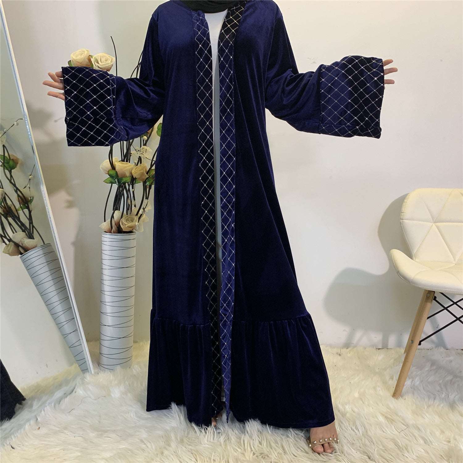 "Blue velvet open abaya with belt."