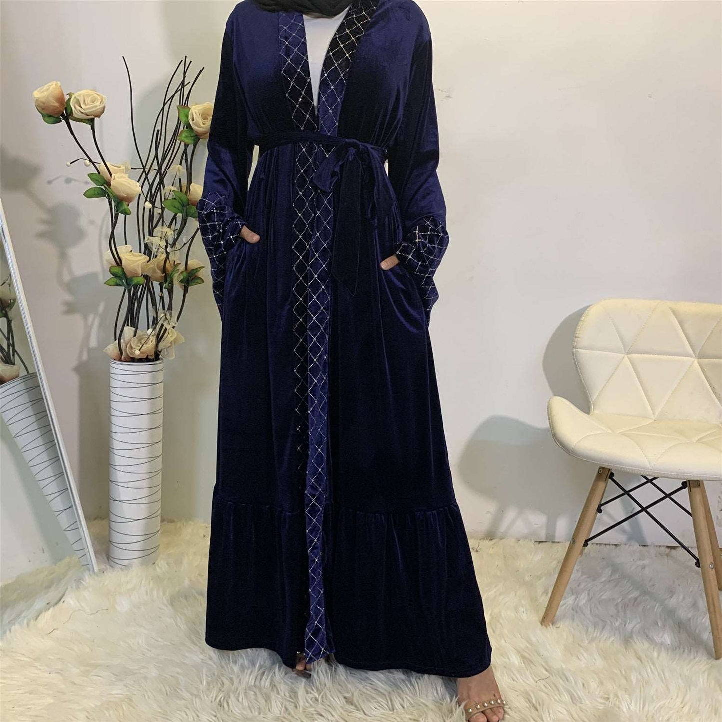 "Blue velvet open abaya with belt."