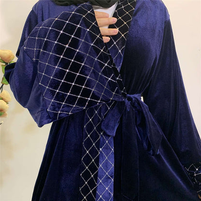 "Blue velvet open abaya with belt."