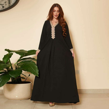 Abaya with embroidery lace stitching - Hallafa This modern closed abaya robe features beautiful embroidery lace stitching around the neckline and sleeves, making it perfect for everyday wear. · Lining composition: Polyester Fiber (polyester) · Main fabric composition: Cotton · Sizes: S-XL #