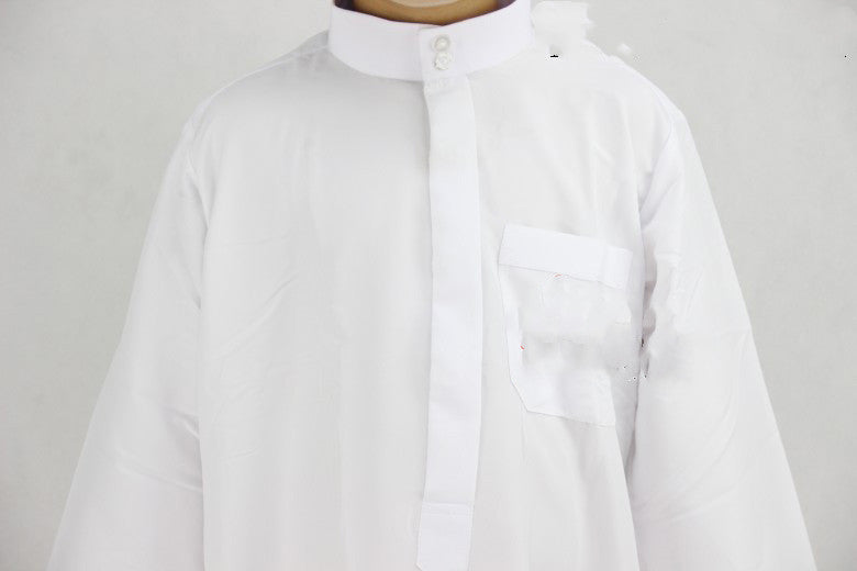 Boy´s White Thobe - Hallafa This basic white Jubba/Thobe is perfect for everyday wear and features a one-piece round curved collar with a front pocket. Crafted from cotton for a lightweight and comfortable feel. Note： 1. Please allow 2-3cm differences due to manual measurement. 2.As you know, the different computers display colors differently, the color of the actual item may vary slightly from the following images. #