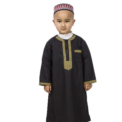 Boys Loose Thobe with Embroidery - Hallafa This embroidered Boy's Thobe/Jubba has a zip opening and front pocket, perfect for their needs! · Material: Polyester fiber Note: 1. Please allow 2-3cm differences due to manual measurement. 2.As you know, the different computers display colors differently, the color of the actual item may vary slightly from the following images. #