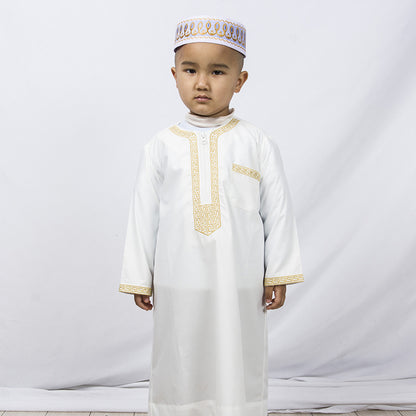 Boys Loose Thobe with Embroidery - Hallafa This embroidered Boy's Thobe/Jubba has a zip opening and front pocket, perfect for their needs! · Material: Polyester fiber Note: 1. Please allow 2-3cm differences due to manual measurement. 2.As you know, the different computers display colors differently, the color of the actual item may vary slightly from the following images. #