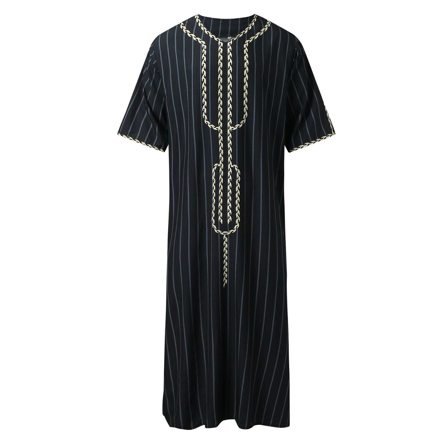 "black Casual V Neck Mid Sleeve Men's Thobe/jubba. embroidered and stripes."