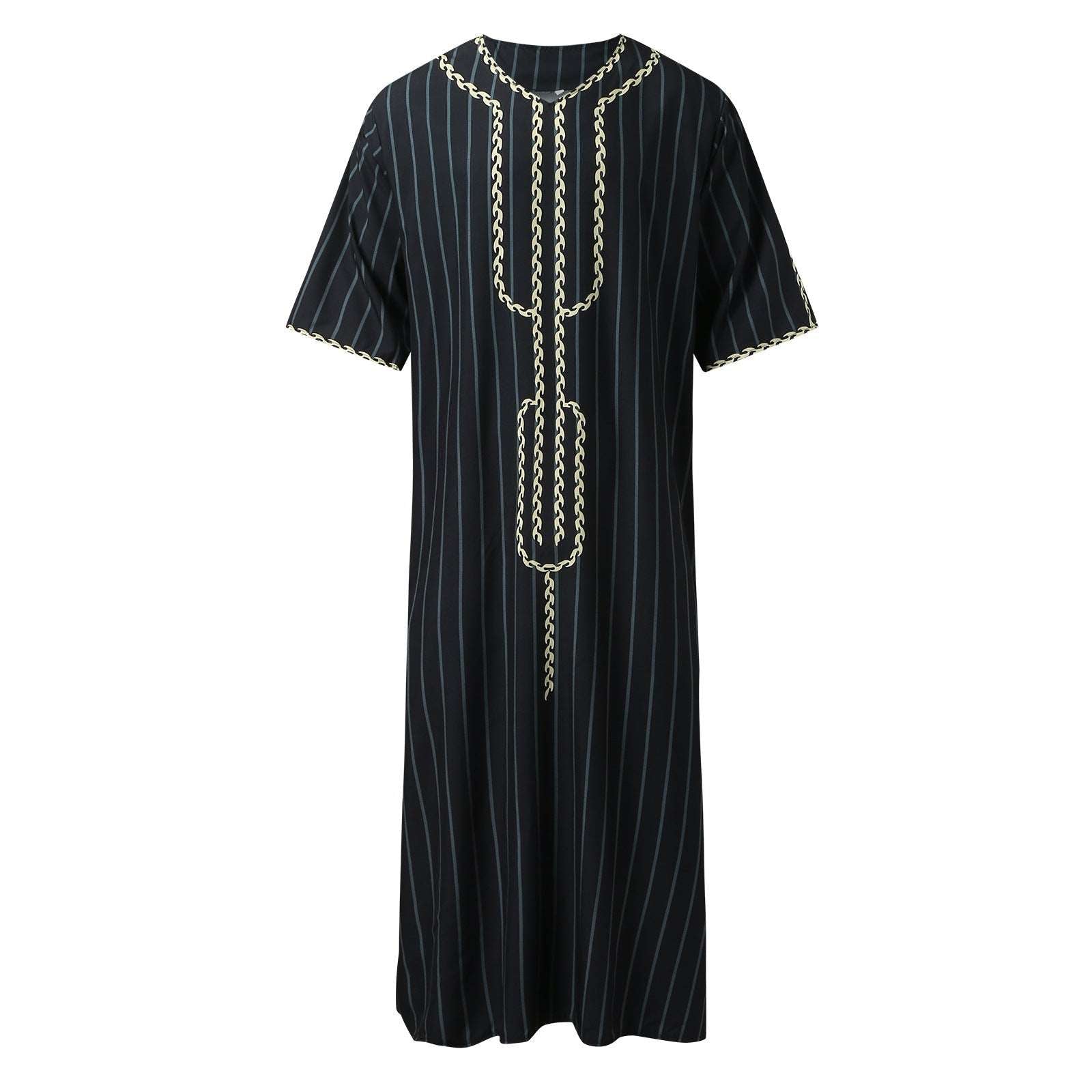 "black Casual V Neck Mid Sleeve Men's Thobe/jubba. embroidered and stripes."