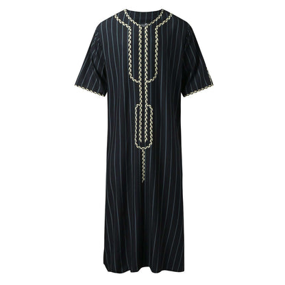"black Casual V Neck Mid Sleeve Men's Thobe/jubba. embroidered and stripes."