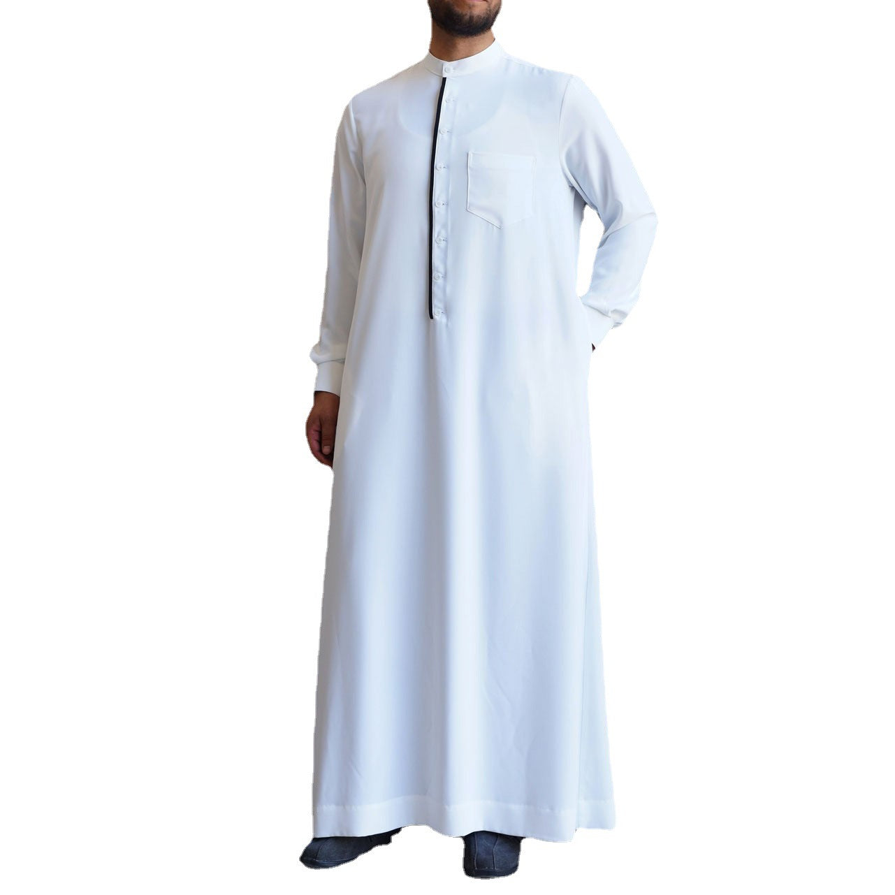 Casual white men´s Thobe - Hallafa This casual White Thobe has a stylish black accent. Note: 1. As you know, the different computers display colors differently, the color of the actual item may vary slightly from the following images. #