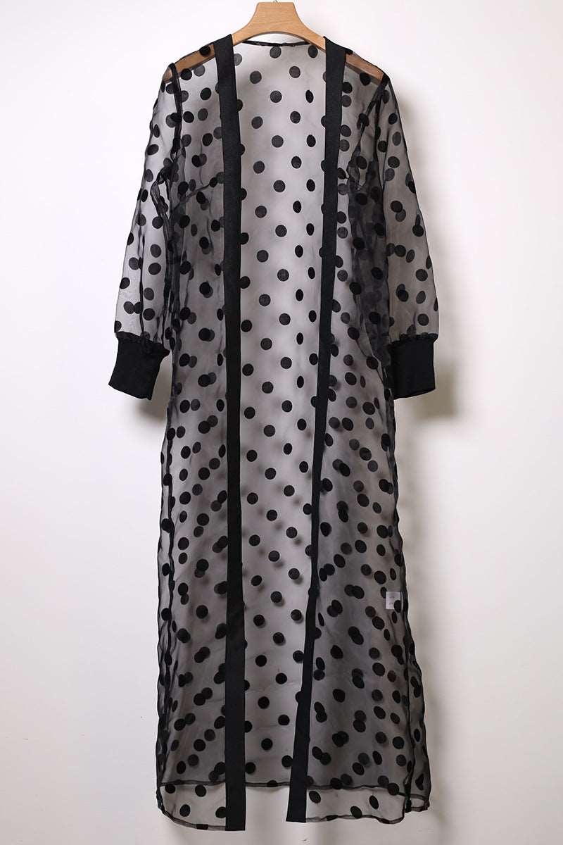 Chiffon polka dot kimono - Hallafa Take your simple dress to the next level with this playful black chiffon polka dot kimono/open abaya! Let your style shine in this head-turning ensemble. · Material: polyester Note: 1.As you know, the different computers display colors differently, the color of the actual item may vary slightly from the following images. #