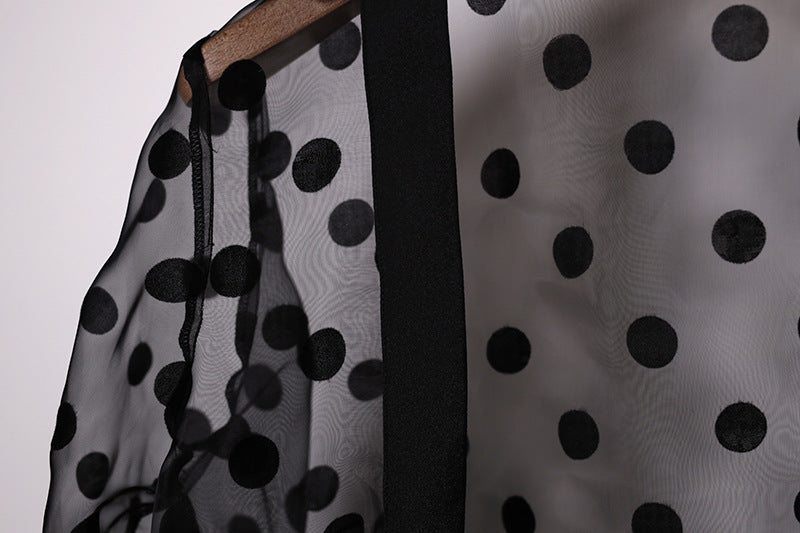 Chiffon polka dot kimono - Hallafa Take your simple dress to the next level with this playful black chiffon polka dot kimono/open abaya! Let your style shine in this head-turning ensemble. · Material: polyester Note: 1.As you know, the different computers display colors differently, the color of the actual item may vary slightly from the following images. #