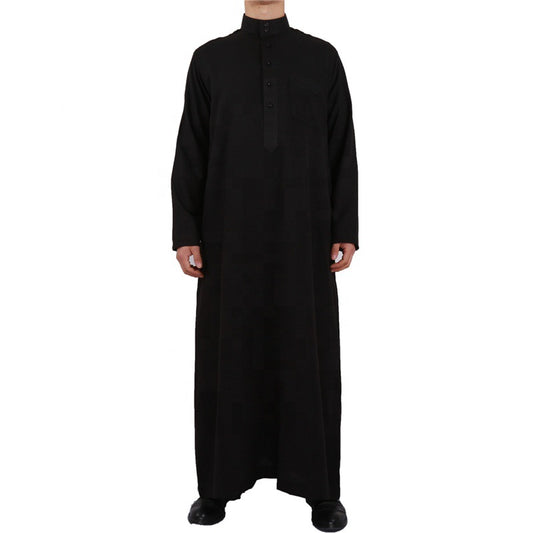 Cotton and linen long-sleeved men's black Thobe - Hallafa This Cotton Thobe for men features buttons, making it perfect for everyday wear. · Fabric name: cotton and linen · Main fabric composition: cotton #