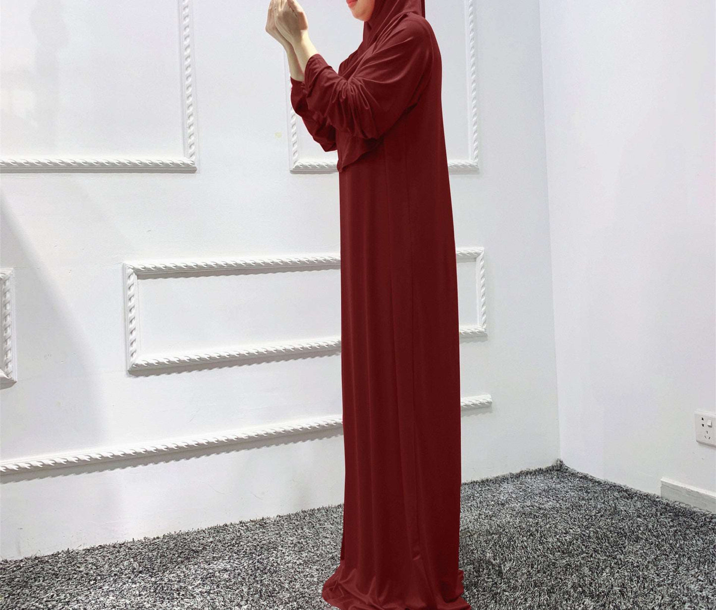 Prayer dress with hijab - Hallafa Slip into stylish serenity with this solid-colored prayer dress, crafted from a comfy stretch fabric that easily fits sizes 36-52. Perfect for Muslim women! Fabric Name : Polyester Fiber Size Information: (CM) Length One size 141 #