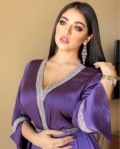 "Purple diamond-studded abaya/ maxi dress with long sleeves."