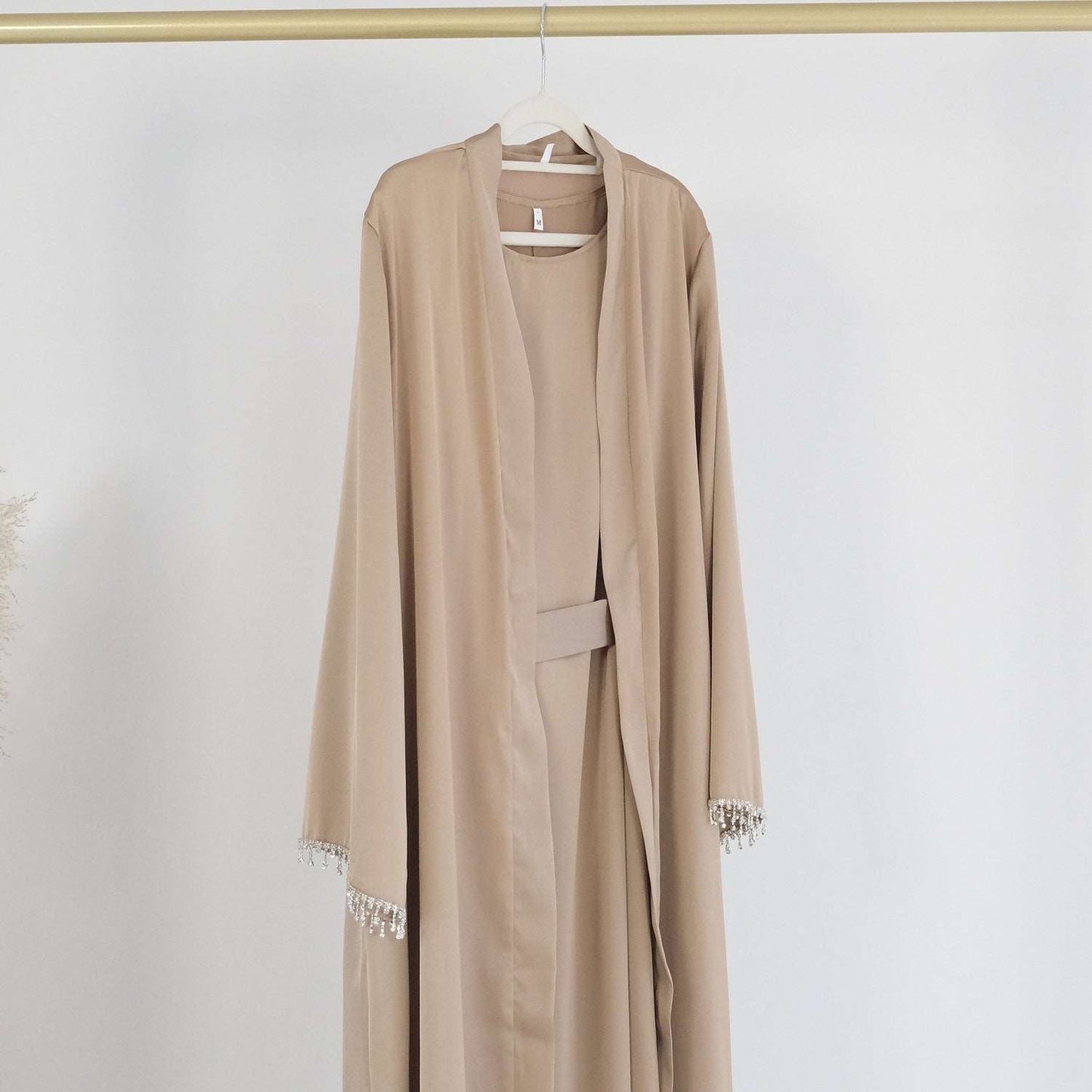 Khaki Satin Abaya set. Inner dress, open abaya /kimono and belt