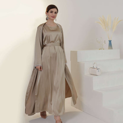 Khaki Satin Abaya set. Inner dress, kimono and belt