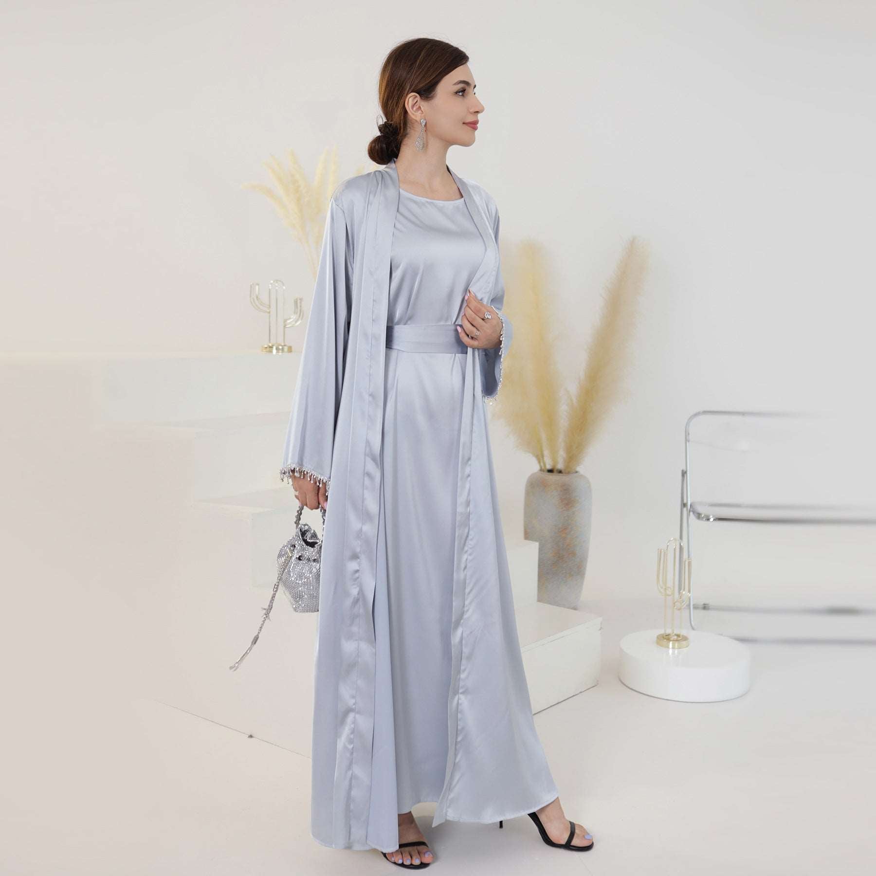 Light grey Satin Abaya set. Inner dress, open abaya /kimono and belt