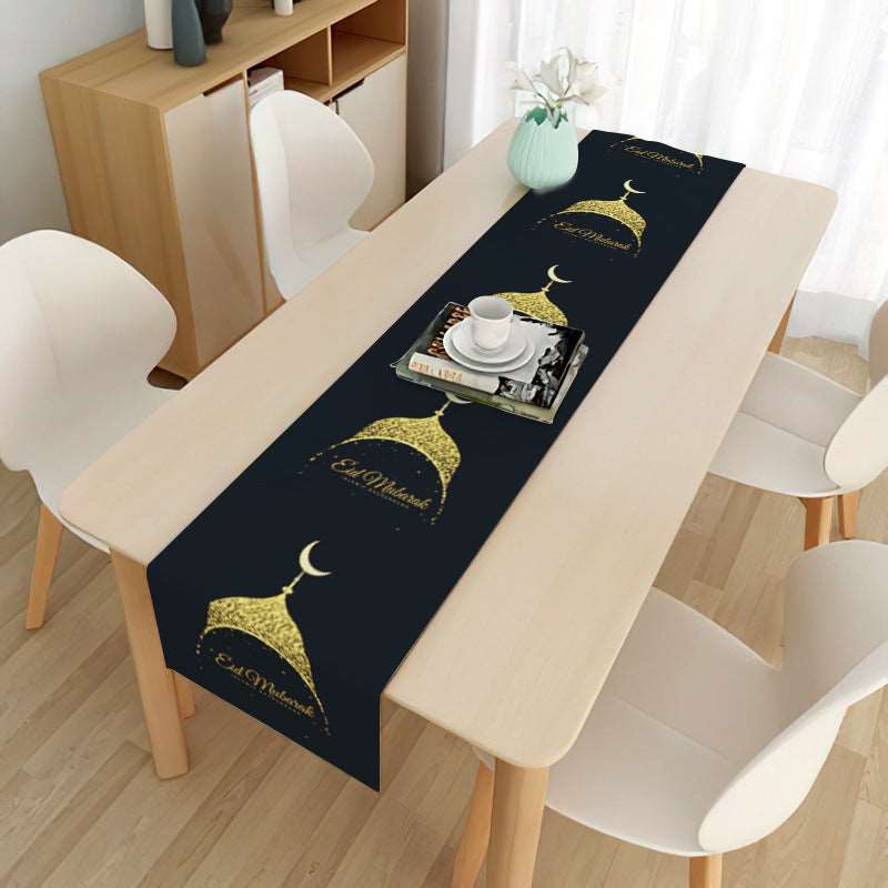 Eid mubarak decorative tablecloth - Hallafa Gather family and friends around the table for memorable Ramadan & 'Eid festivities - Choose from 21 beautiful designs to suit your tastes. · Material: Linen with brushed base. #